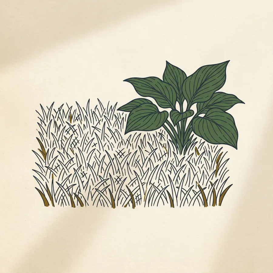 Line illustration of mown turf blades beside a single plant form
